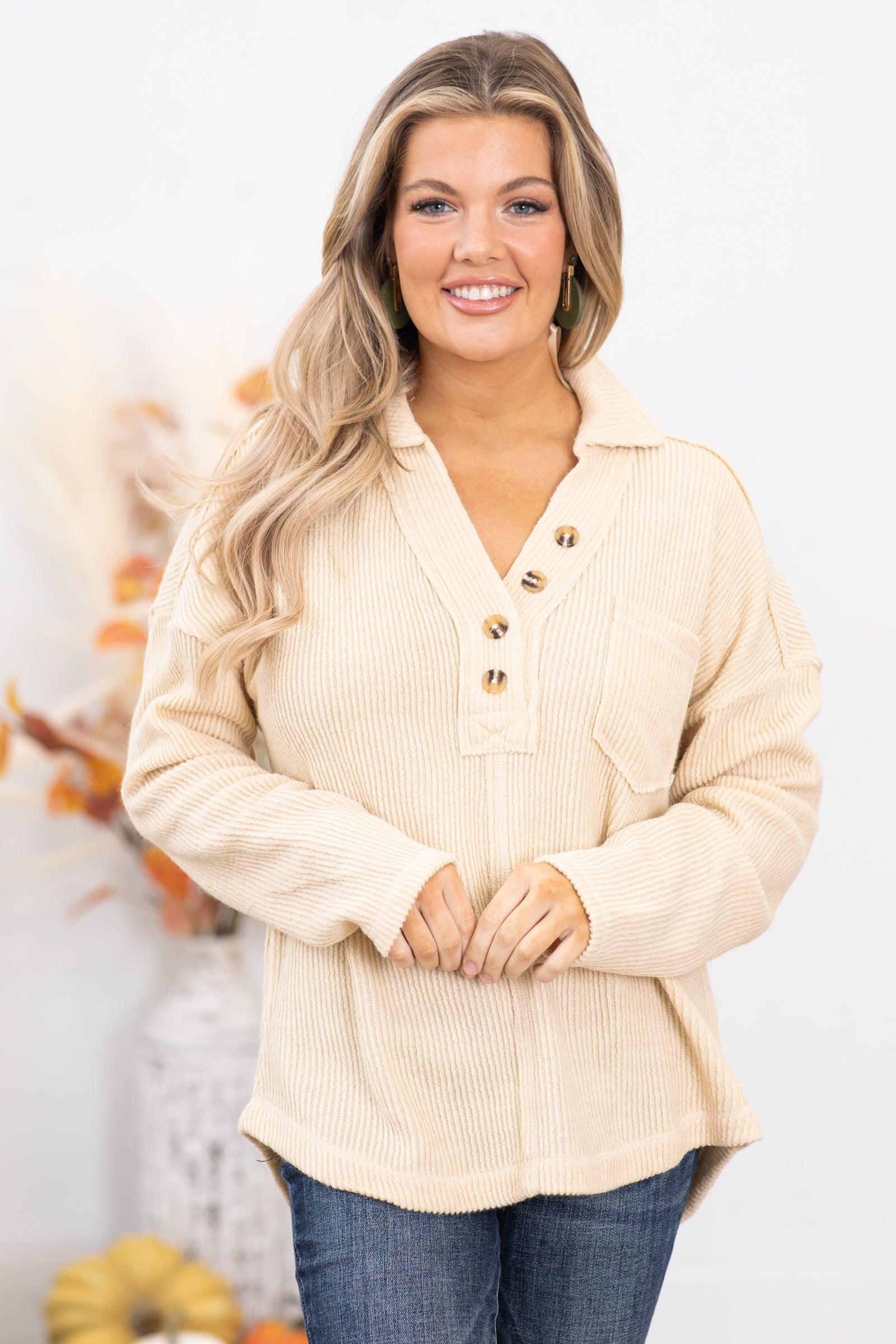 Beige Rib Knit Top With Collar Product Image