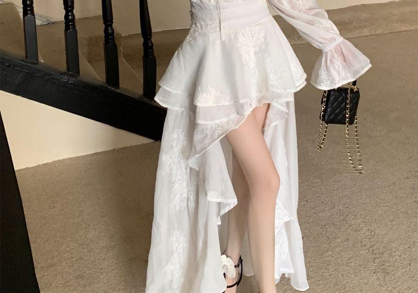 Long-Sleeve Off-Shoulder Plain Ruffle Trim High Low A-Line Dress Product Image