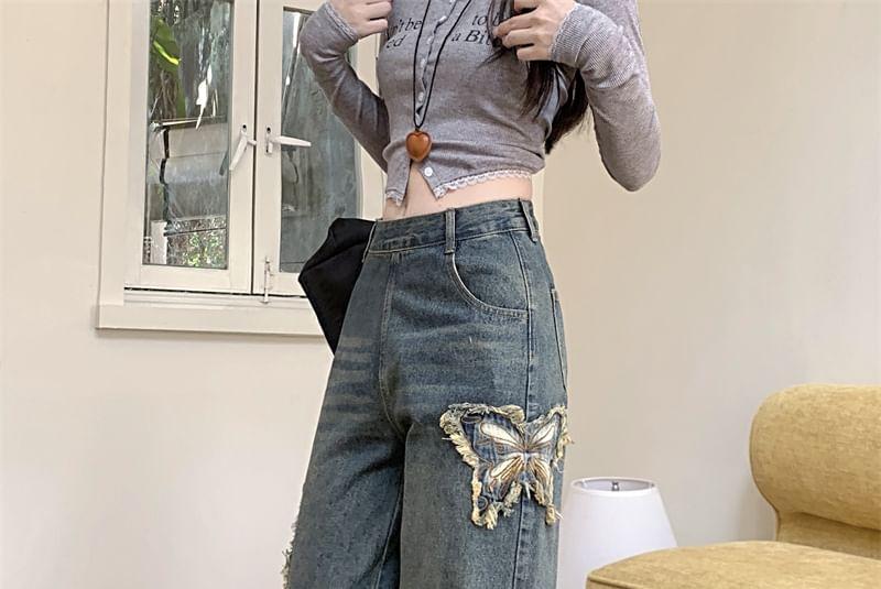 Mid Waist Butterfly Applique Washed Wide Leg Jeans Product Image