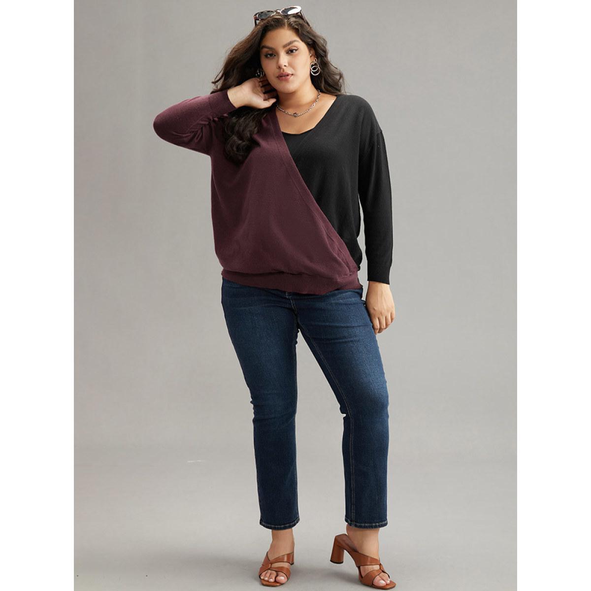 Plus Size Supersoft Essentials Colorblock Surplice Neck Elastic Hem Pullover Burgundy Women Casual Loose Long Sleeve V-neck Everyday Pullovers BloomChic 14-16/1X Product Image