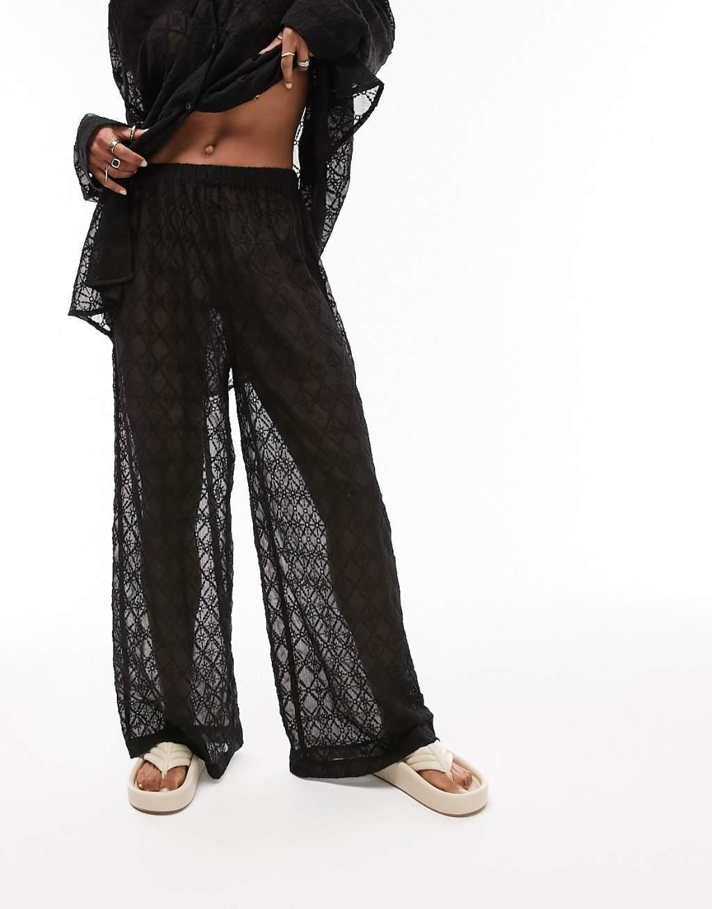 Topshop embroidered chiffon beach pants in black - part of a set Product Image