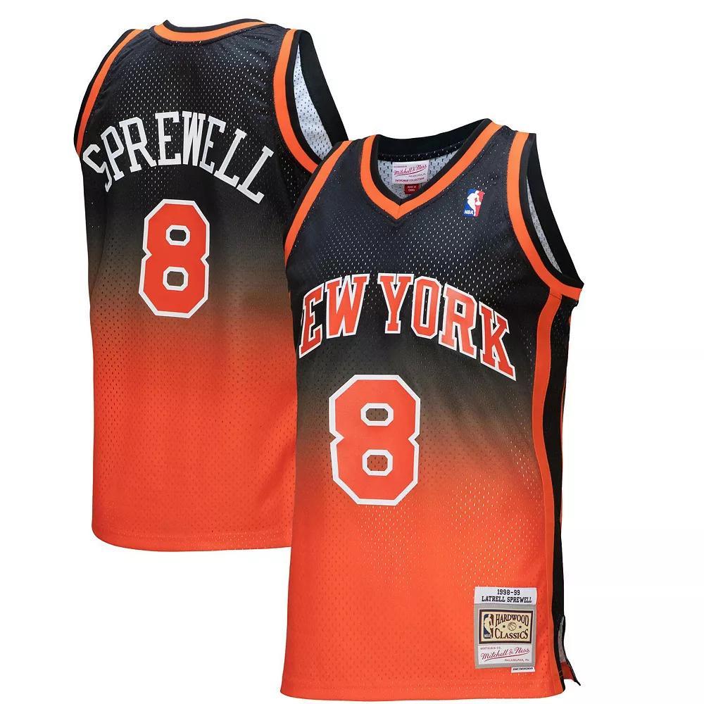 Men's Mitchell & Ness Latrell Sprewell Orange/Black New York Knicks 1998/99 Hardwood Classics Fadeaway Swingman Player Jersey,  Product Image