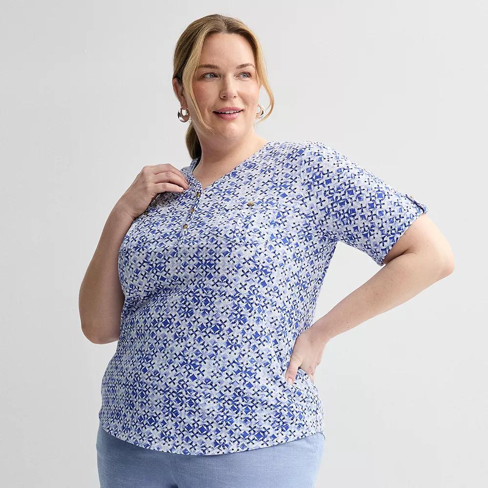 Plus Croft & Barrow® Elbow Sleeve Utility Henley Top, Women's, Size: 3XL, Blue Geo Product Image