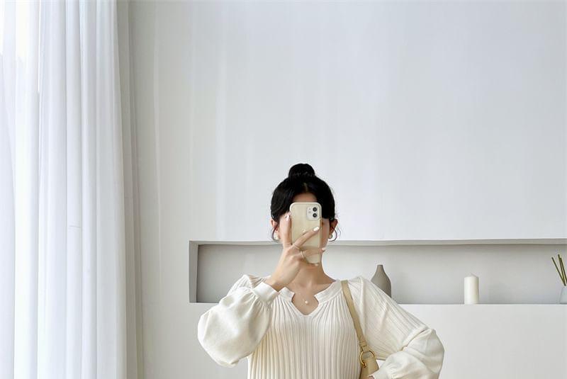 Maternity Long-Sleeve Notch Neck Plain Midi A-Line Knit Dress Product Image