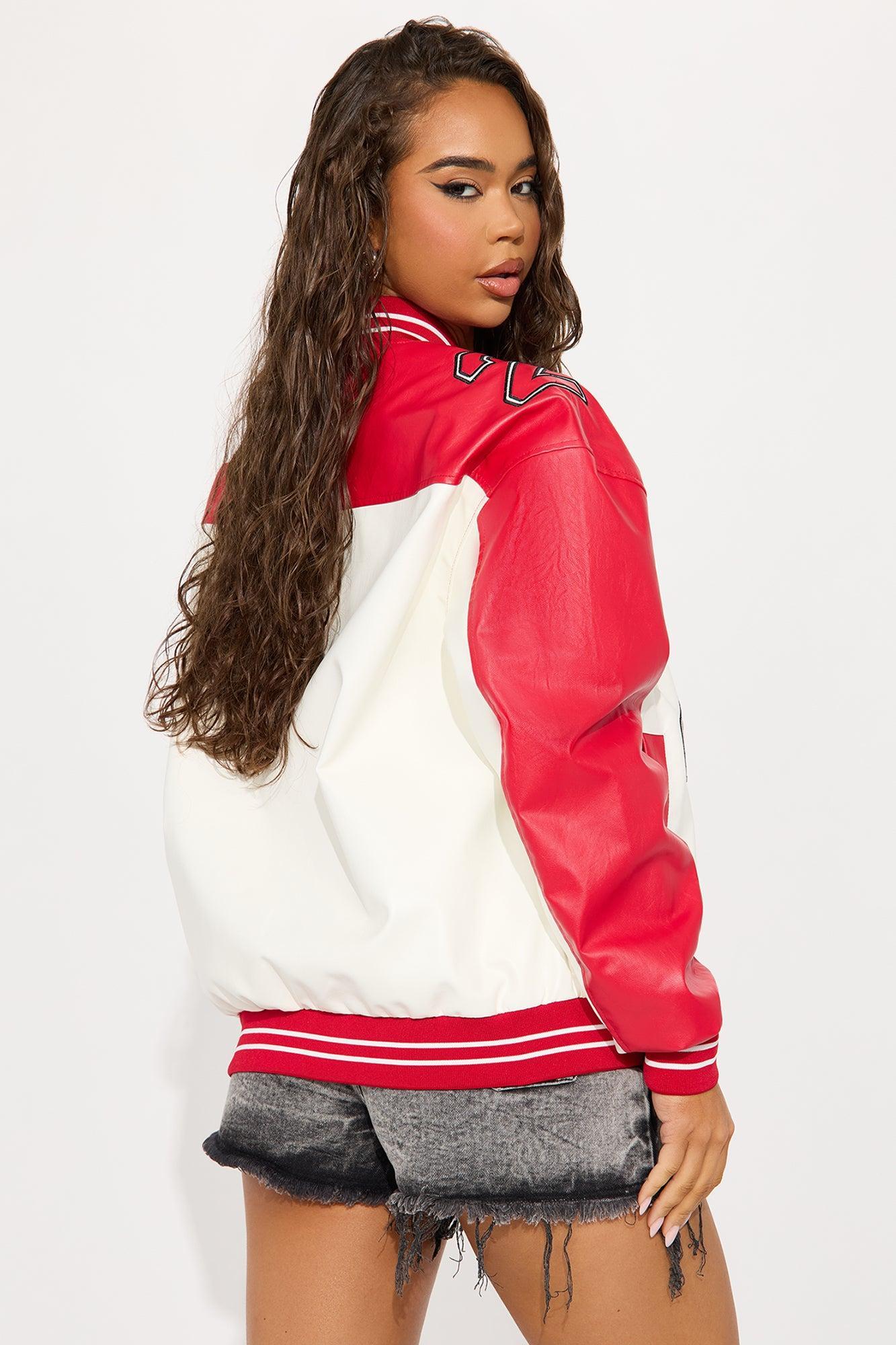 Game Day Leather Bomber Jacket - Red/combo Female Product Image