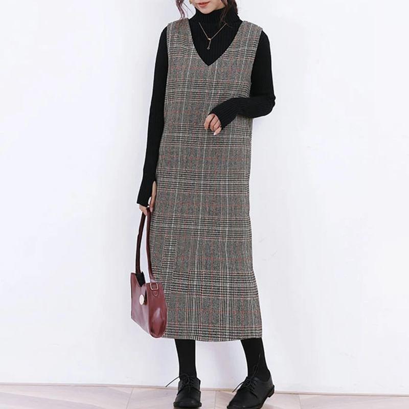 V-Neck Plaid Dungaree Dress / Midi Dress Product Image