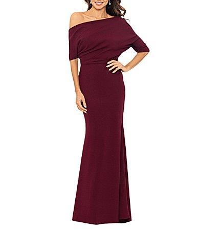 Betsy  Adam Scuba Crepe Asymmetric One Shoulder Short Sleeve Mermaid Gown Product Image