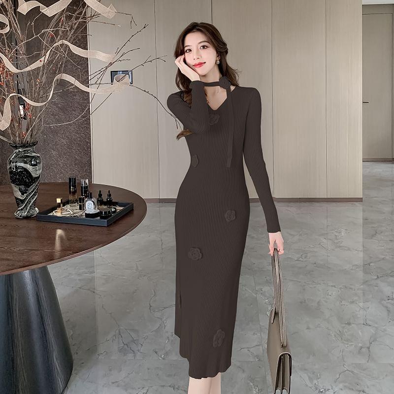 Set: Long-Sleeve V-Neck Plain Floral Accent Midi Sheath Knit Dress + Skinny Scarf Product Image