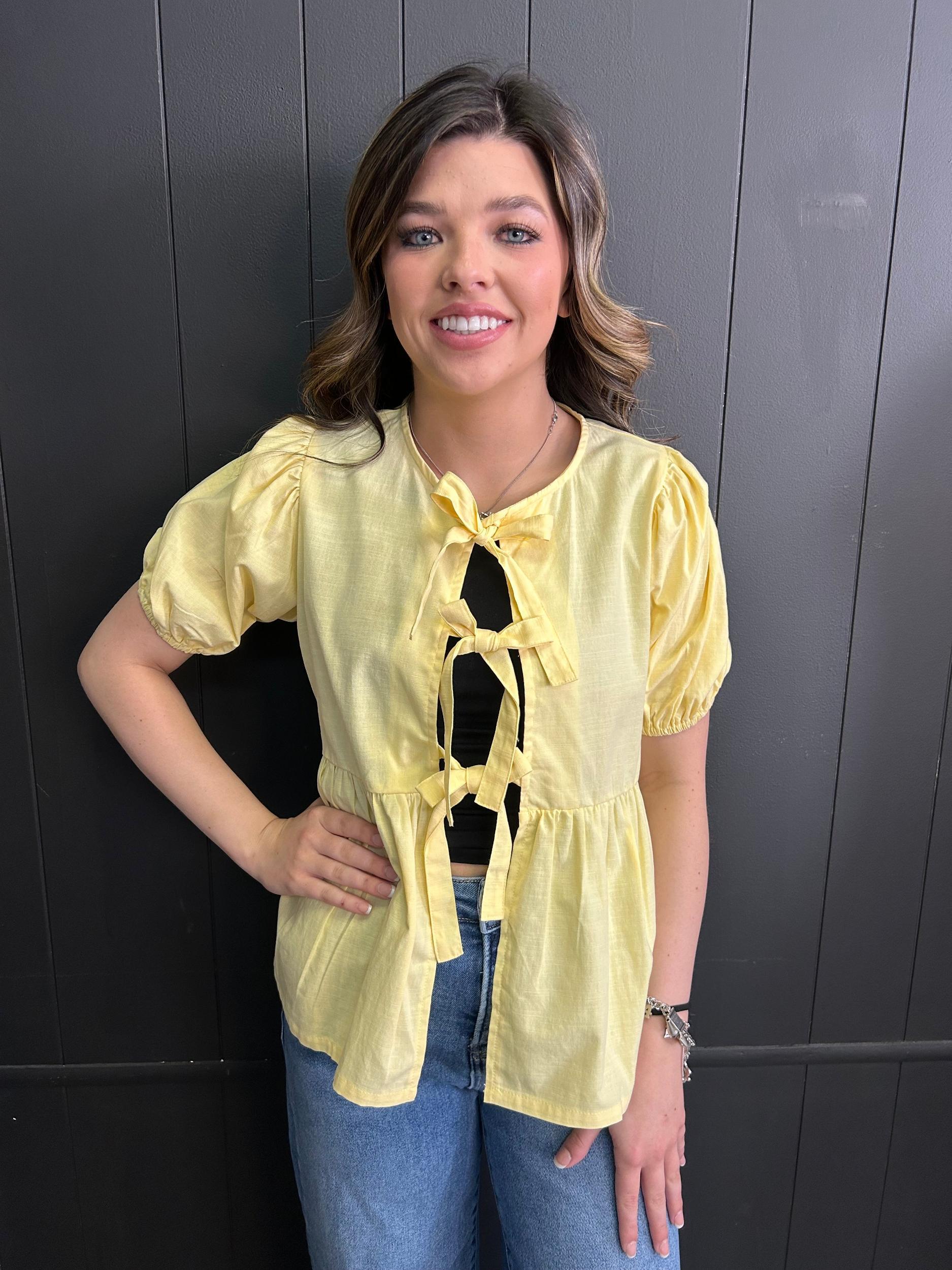 Short Sleeve Woven Front Bow Tie Top - 5 Colors* Product Image