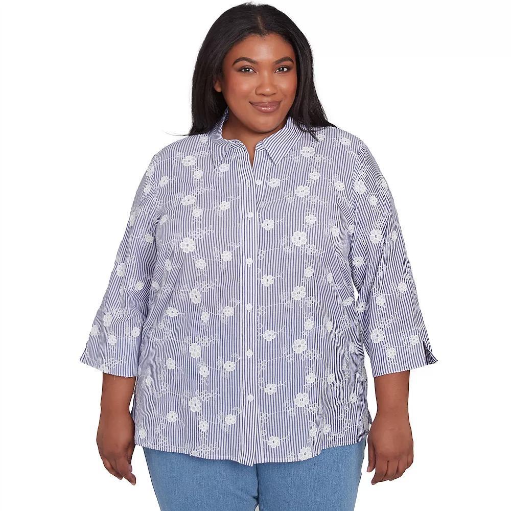 Plus Size Alfred Dunner Striped Breezy Floral Applique Top, Women's, Size: 2XL, Blue Product Image