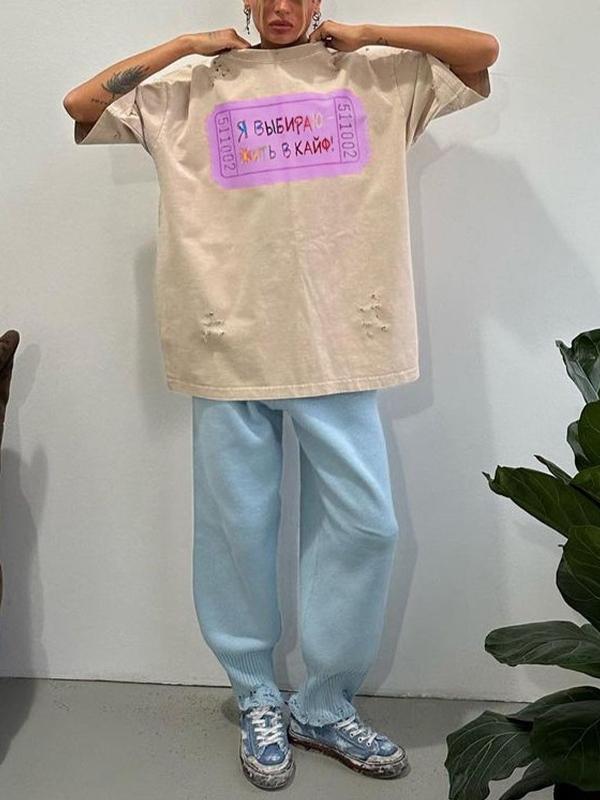 Contrast Letter Print Tattered Design Oversized Short Sleeve Tee Product Image