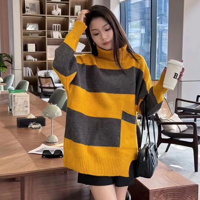 Turtleneck Two Tone Asymmetrical Sweater Product Image