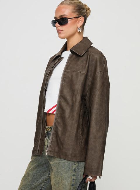 Faux Leather Collared Dad Jacket Washed Brown Product Image