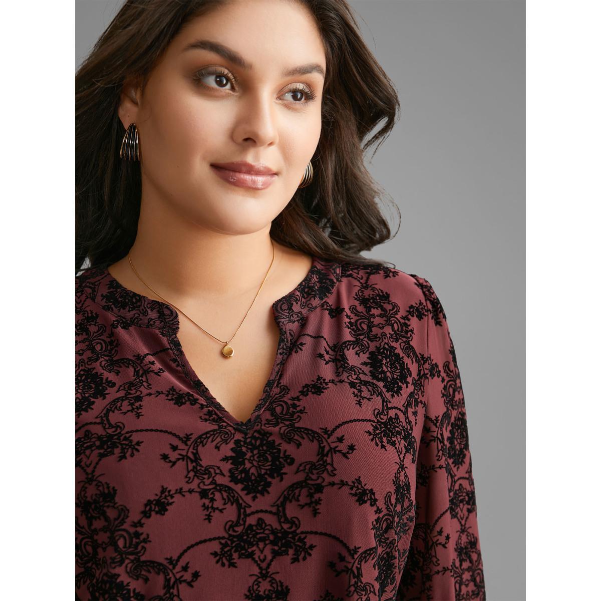 Plus Size Burgundy Boho Print Flocking Mesh Blouse Women Elegant Elbow-length sleeve Flat collar with V-notch Everyday Blouses BloomChic 10/M Product Image