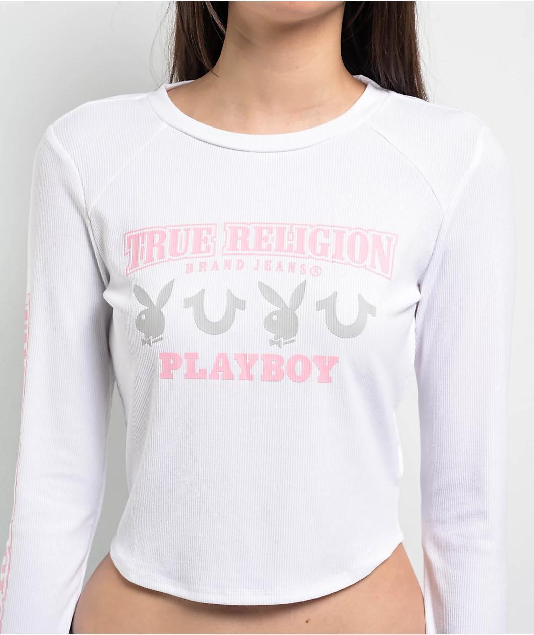 True Religion x Playboy Logo White Long Sleeve Crop T-Shirt Product Image