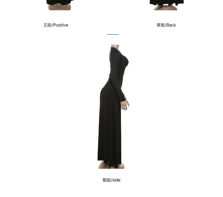 Long-Sleeve Crew Neck Plain Maxi A-Line Dress Product Image