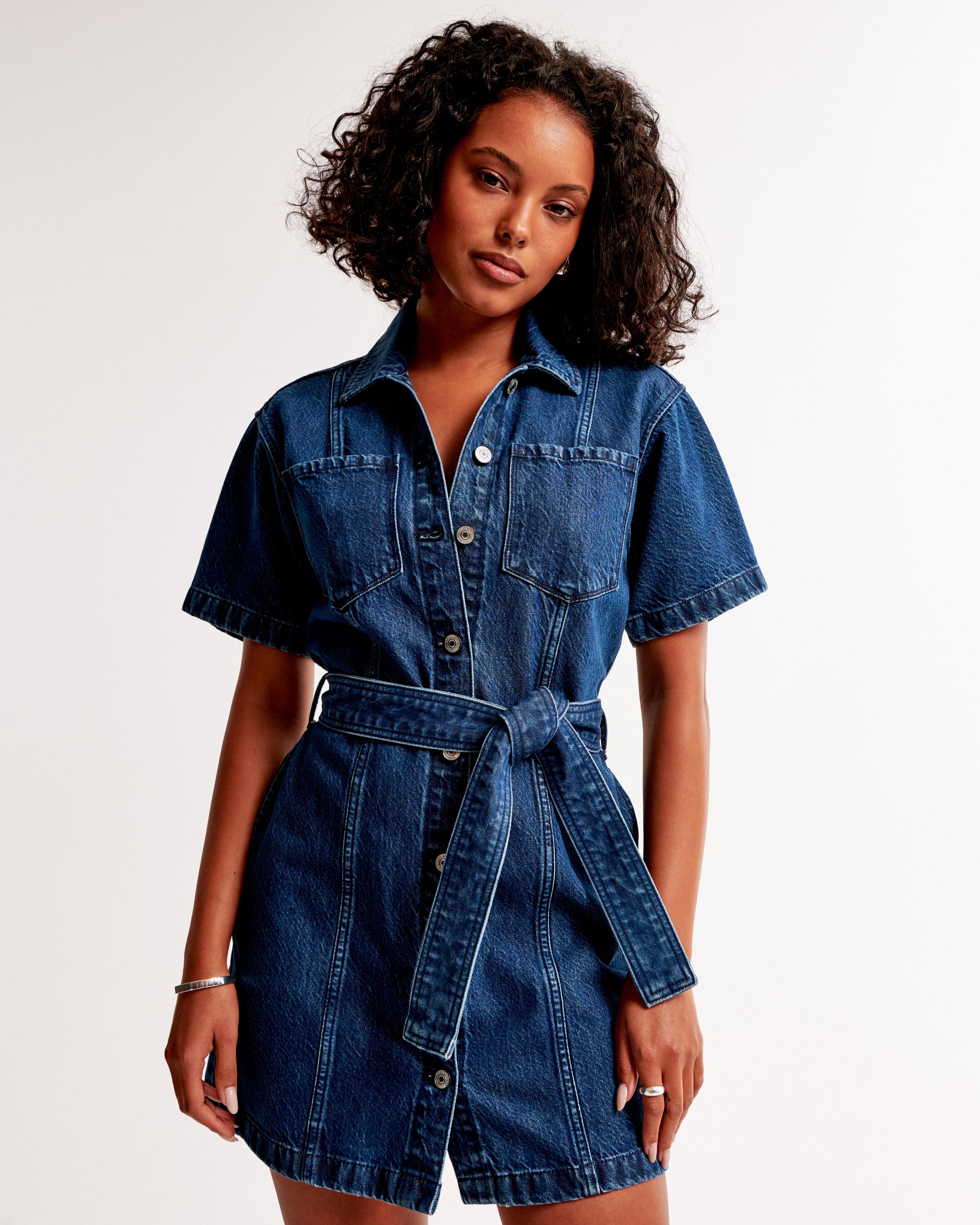 Short-Sleeve Denim Shirt Dress Product Image