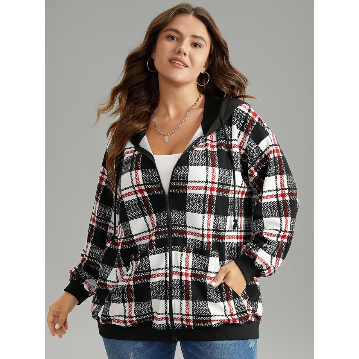 Plus Size Plaid Hooded Drawstring Zipper Sweatshirt Women Black Casual Elastic cuffs Hooded Dailywear Sweatshirts BloomChic 14-16/1X Product Image