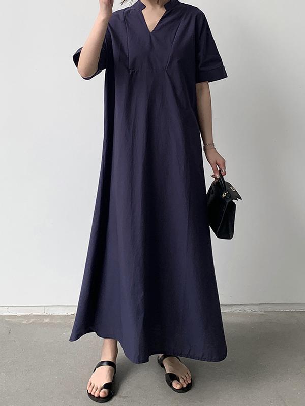 Loose Short Sleeves Solid Color V-Neck Maxi Dresses Product Image