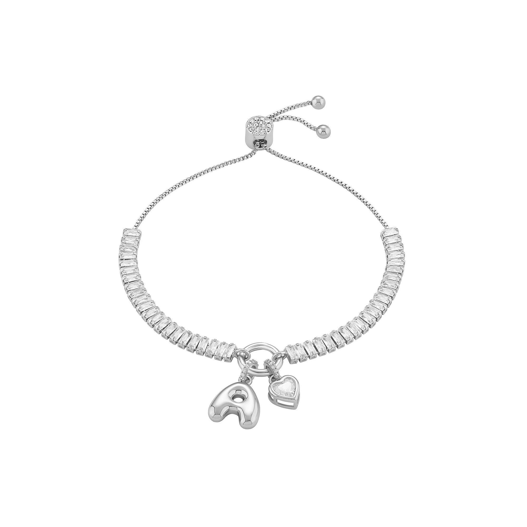 Brilliance Cubic Zirconia Heart & Polished Bubble Initial Charm Adjustable Bracelet, Women's, Size: 4-10" ADJ, Silver Tone A Product Image
