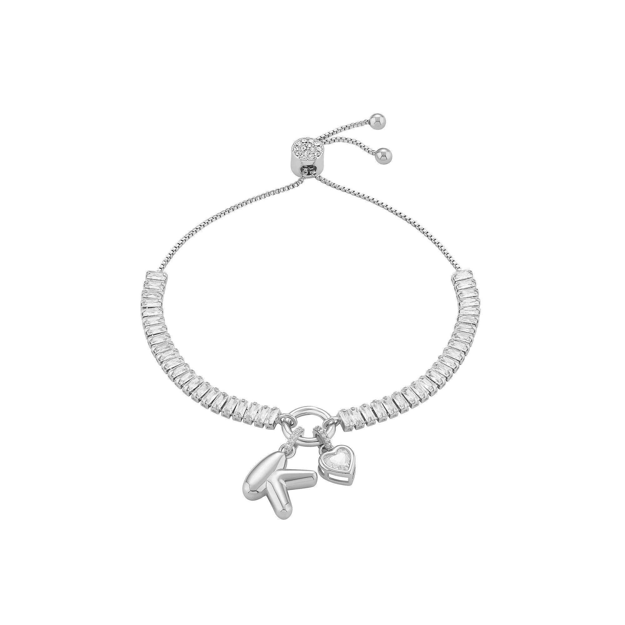 Brilliance Cubic Zirconia Heart & Polished Bubble Initial Charm Adjustable Bracelet, Women's, Size: 4-10" ADJ, Silver Tone D Product Image