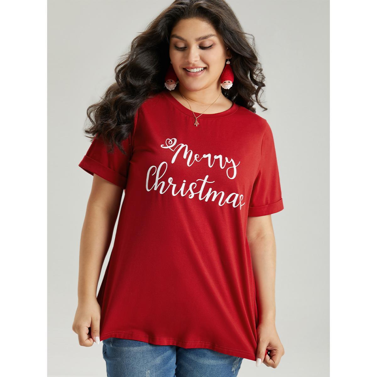 Plus Size Christmas Print Round Neck T-shirt Red Women Casual Printed Christmas Festival-Christmas T-shirts BloomChic 12/L Product Image