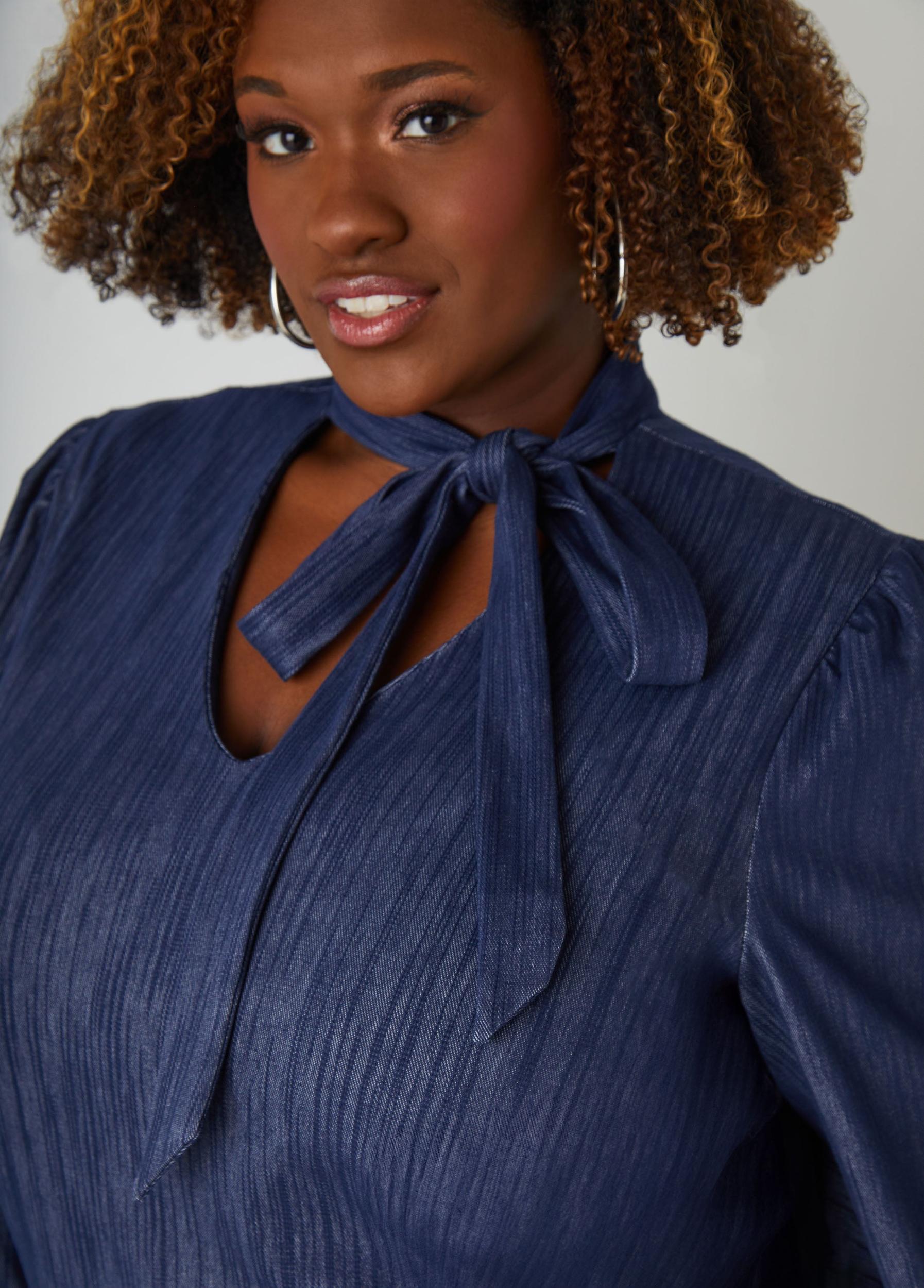 Tie Neck Textured Denim Top Product Image