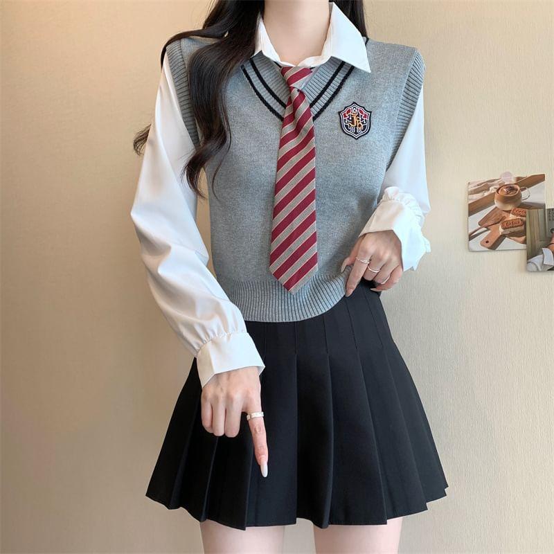 Set: Mock Two-Piece Long-Sleeve Logo Applique Knit Panel Shirt + Striped Necktie Product Image