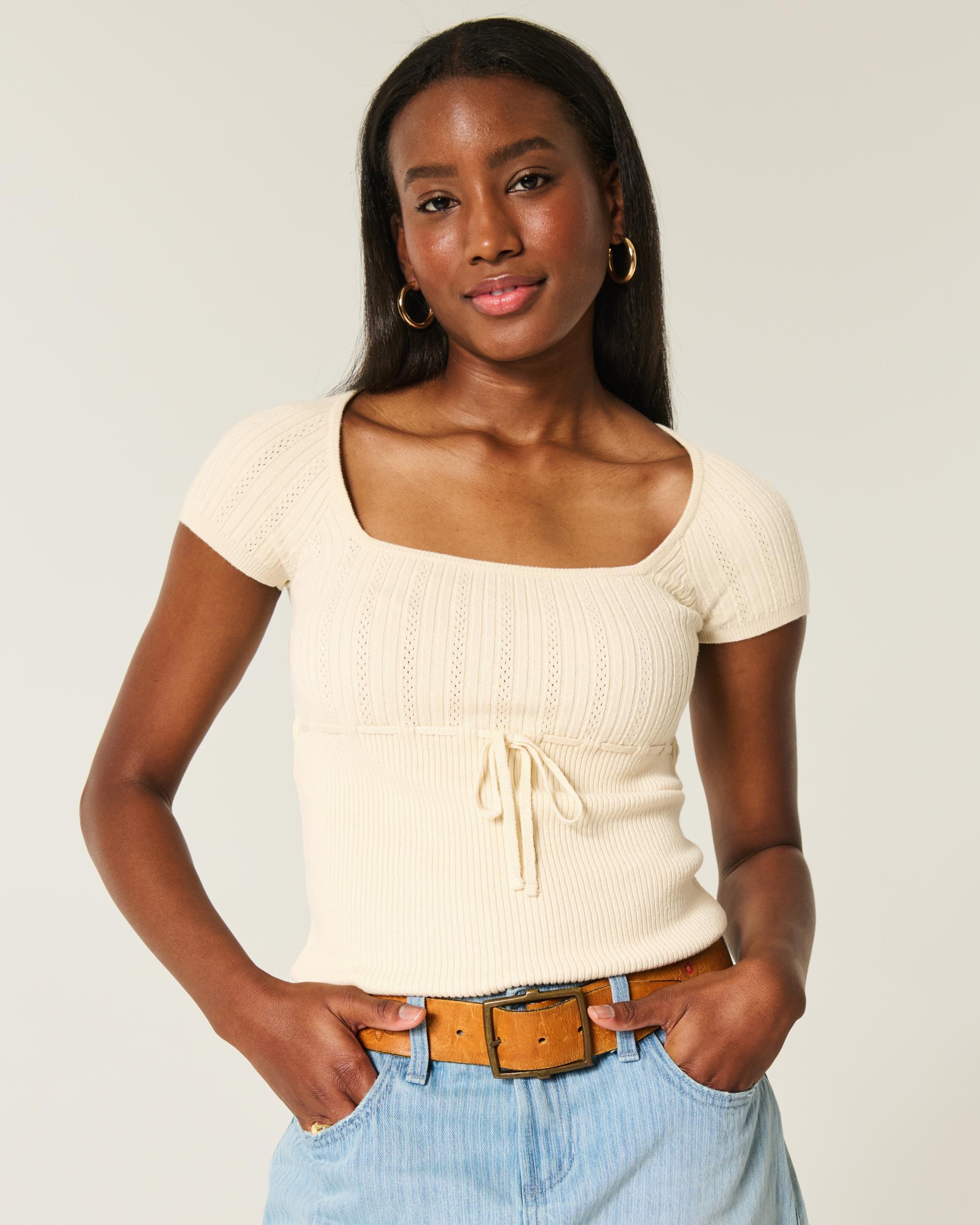 Short-Sleeve Square Neck Sweater Product Image