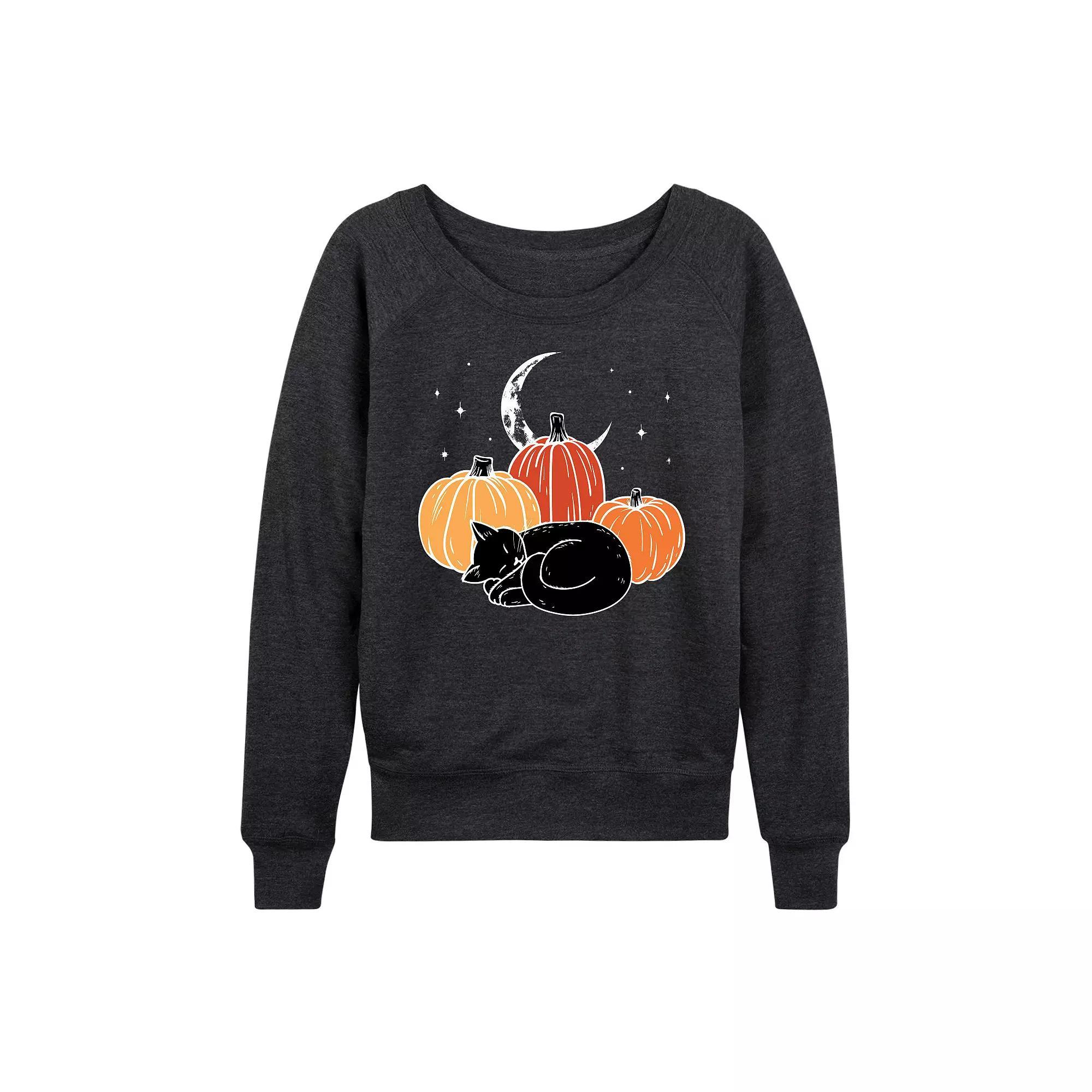 Women's Black Cat Pumpkin Nap French Terry Long Sleeve Tee, Size: XL, Heather Grey Product Image