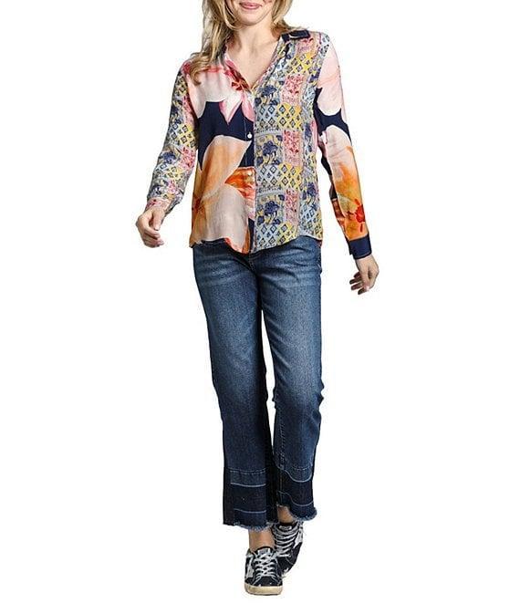 APNY Mixed Media Collared Long Sleeve Button Up Top Product Image
