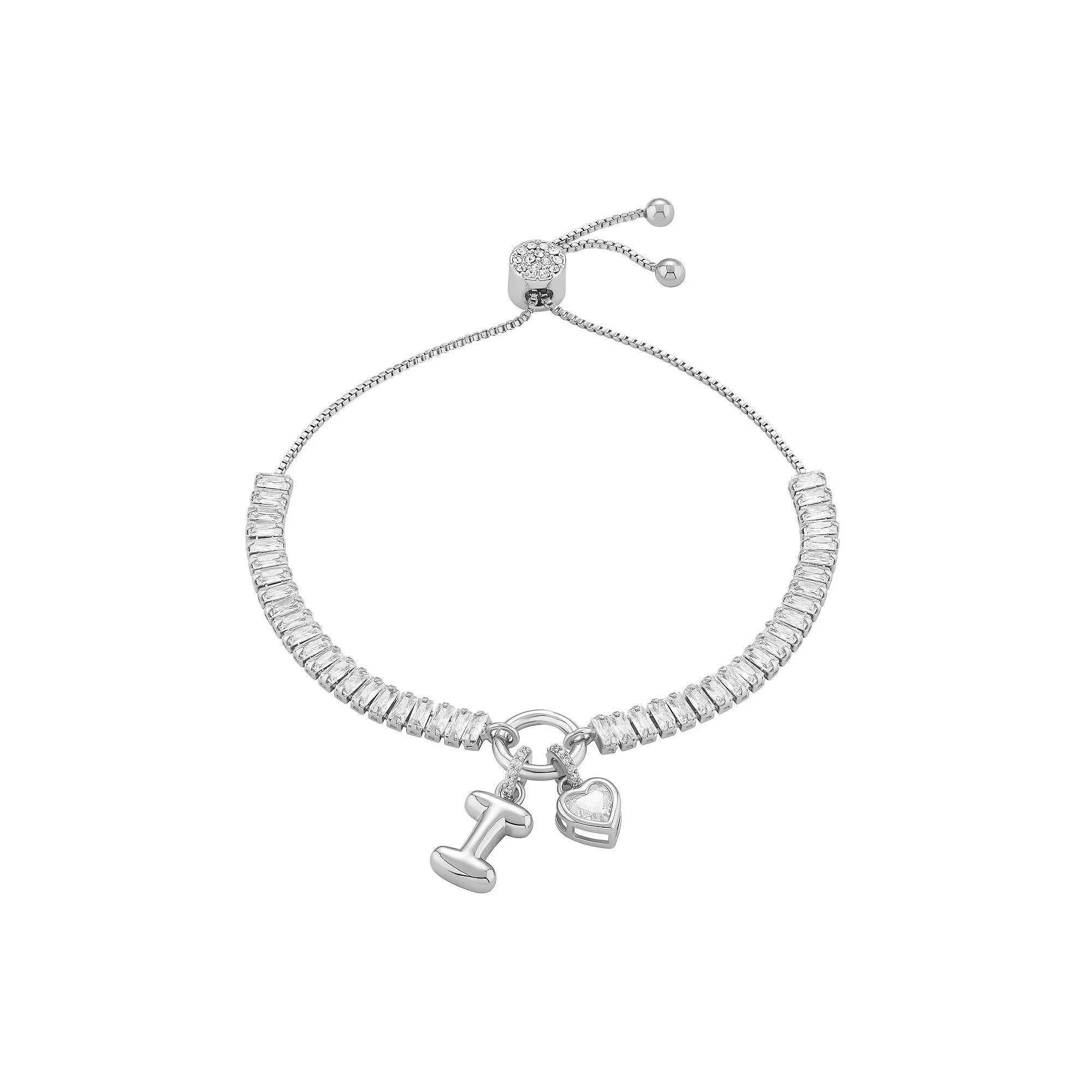 Brilliance Cubic Zirconia Heart & Polished Bubble Initial Charm Adjustable Bracelet, Women's, Size: 4-10" ADJ, Silver Tone F Product Image