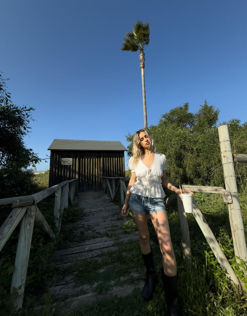 Short sleeve gathered shirt with ties Product Image