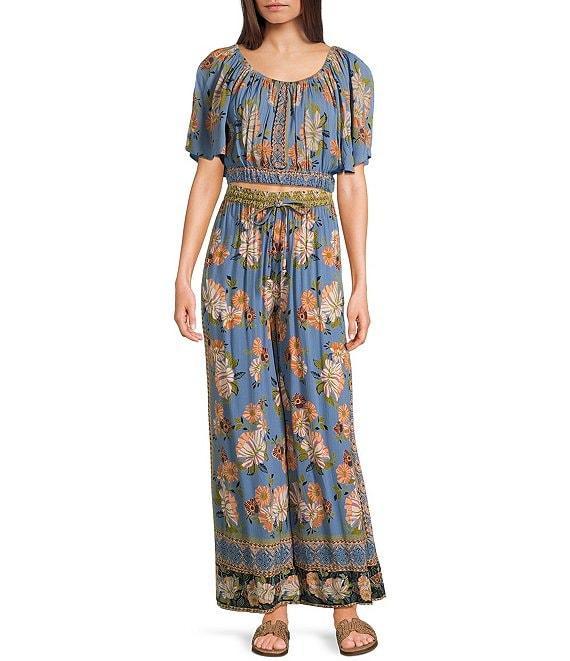 Angie Floral Border Print Elastic Waist Ruffle Hem Coordinating Pants Product Image