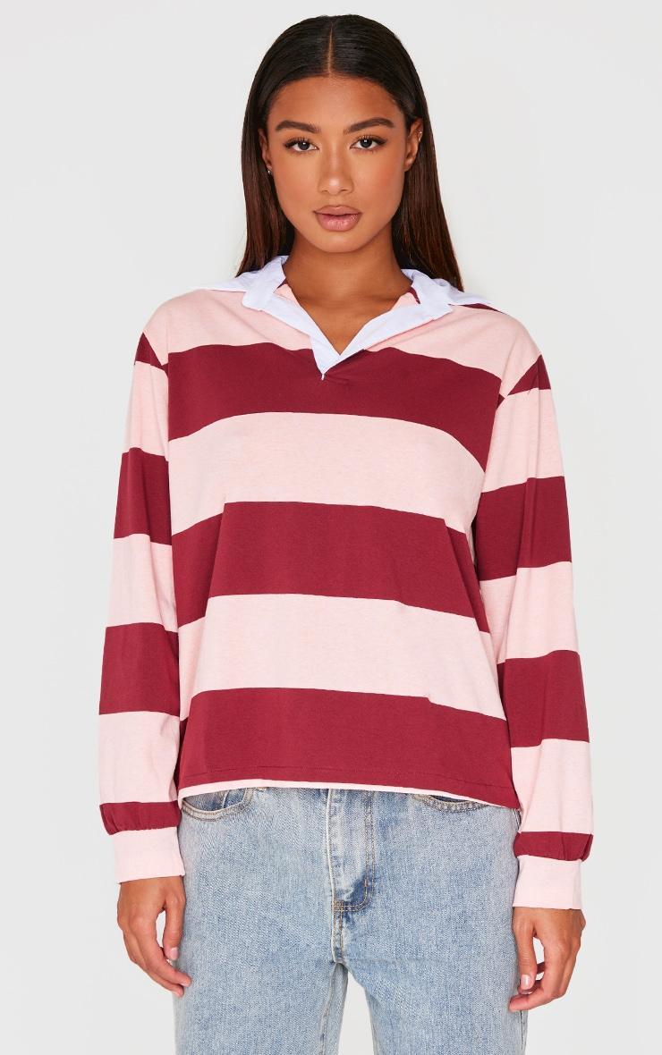 Burgundy Striped Collar Detail Long Sleeve T Shirt Product Image