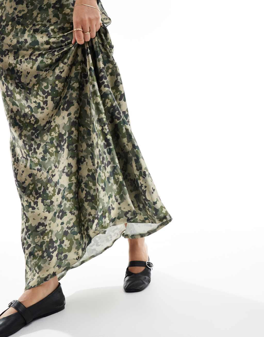 Threadbare satin maxi skirt in olive digital print Product Image