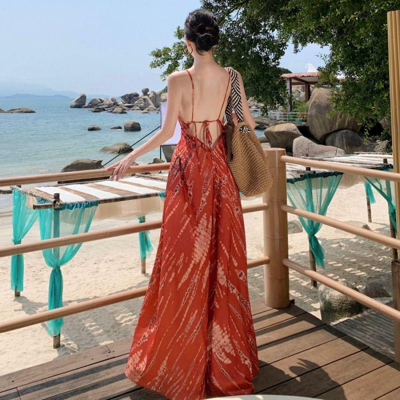 Spaghetti Strap Print Maxi A-Line Dress Product Image