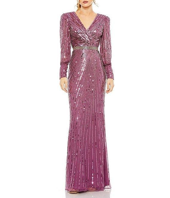 Mac Duggal Sequin Surplice V-Neck Long Bishop Sleeve Wrap Over Gown Product Image