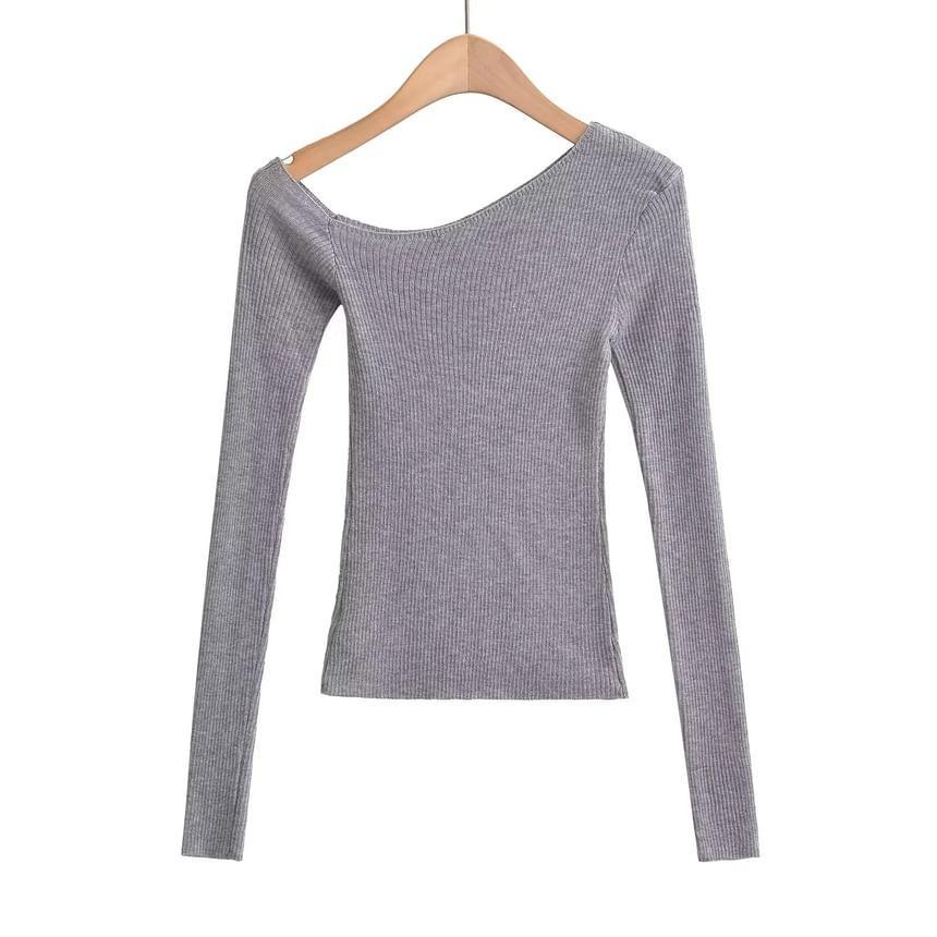 Long Sleeve One Shoulder Plain Ribbed Knit Top Product Image