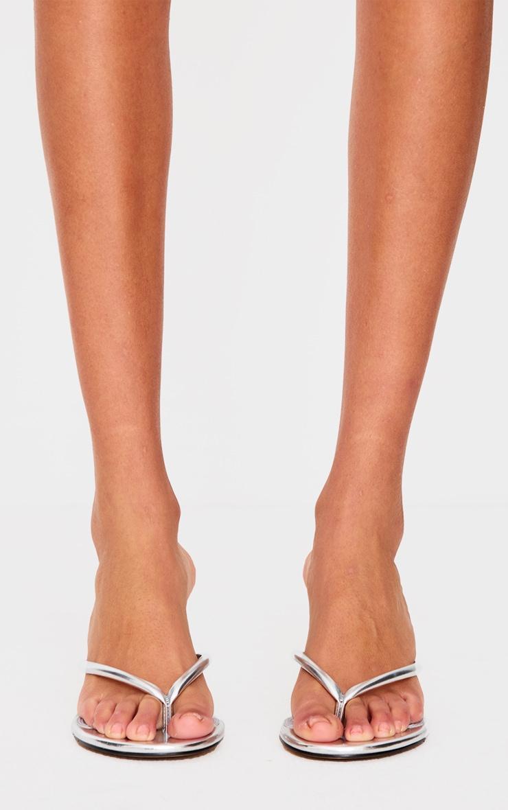 Silver Pu Round Toe Thong Mid Heeled Mules Product Image