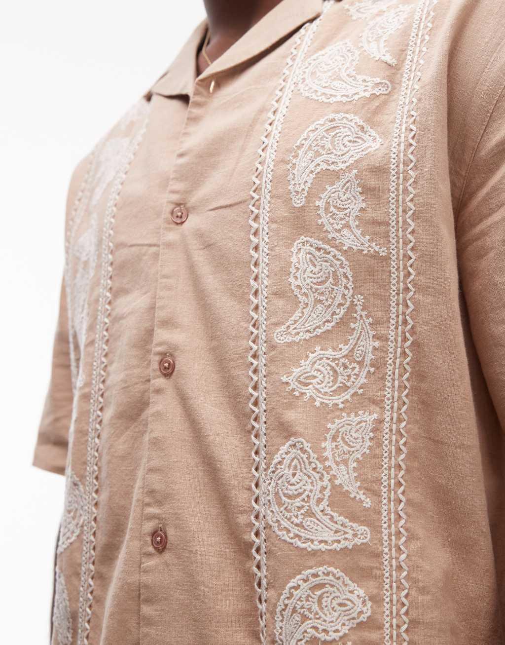 Topman short sleeve relaxed embroidered paisley shirt in stone Product Image