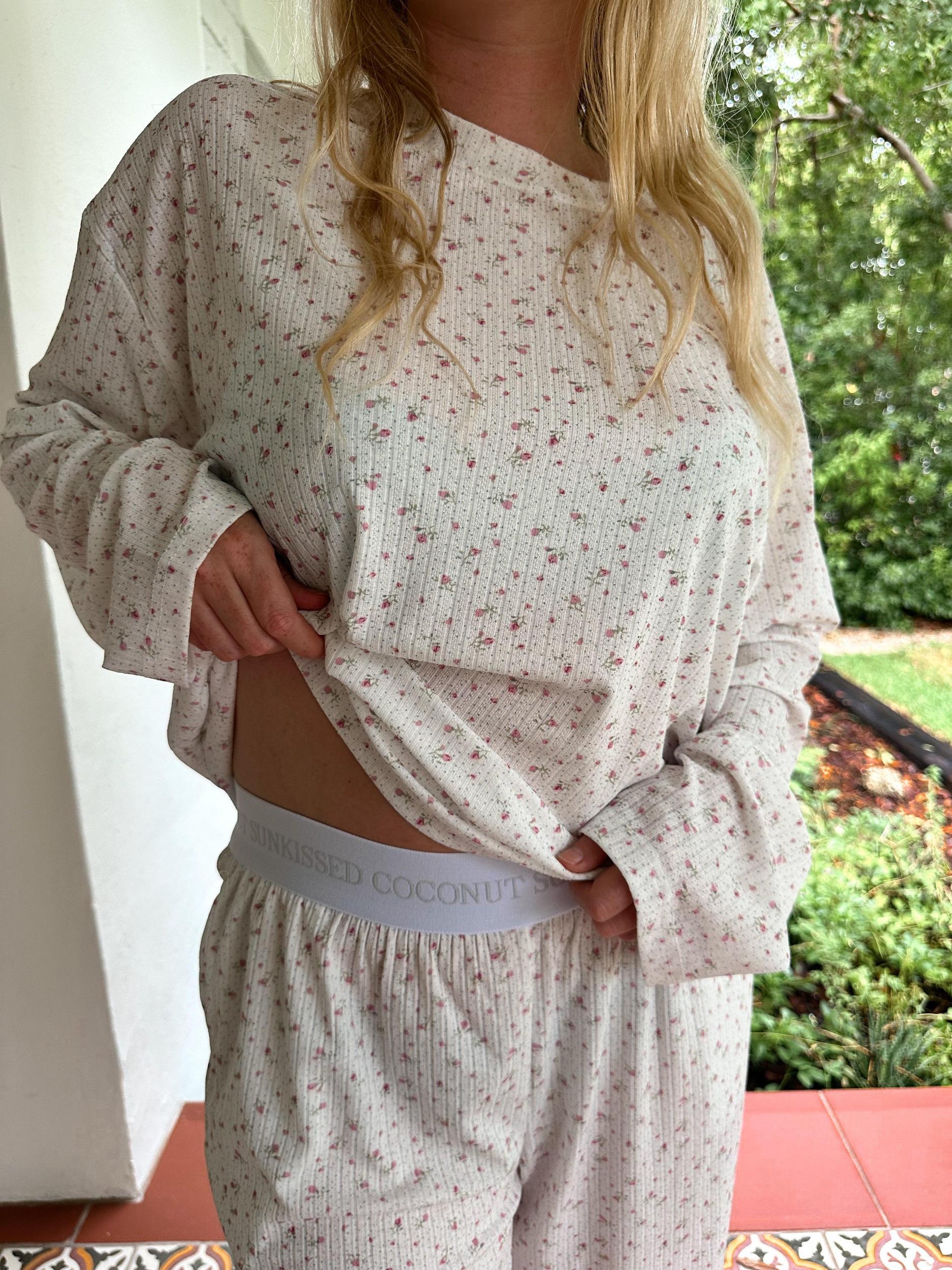White Floral Long Sleeve Pajama Top Product Image