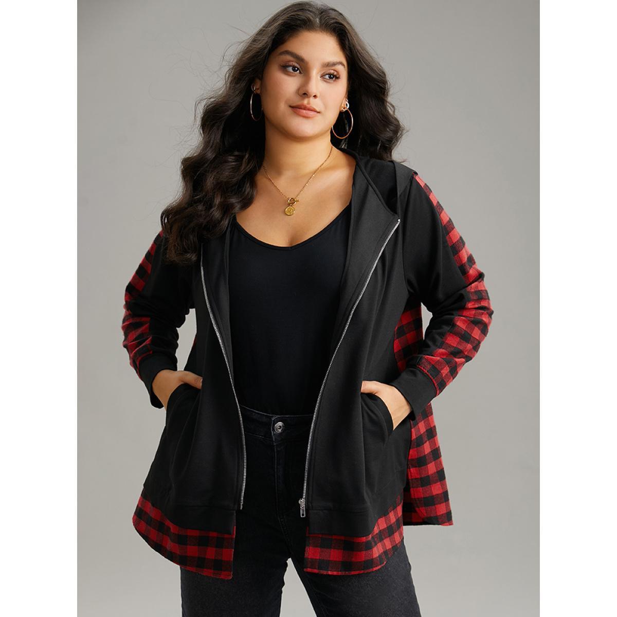 Plus Size Plaid Patchwork Zipper Hooded Asymmetrical Hem Jacket Women Black Contrast Pocket Dailywear Jackets BloomChic 18-20/2X Product Image