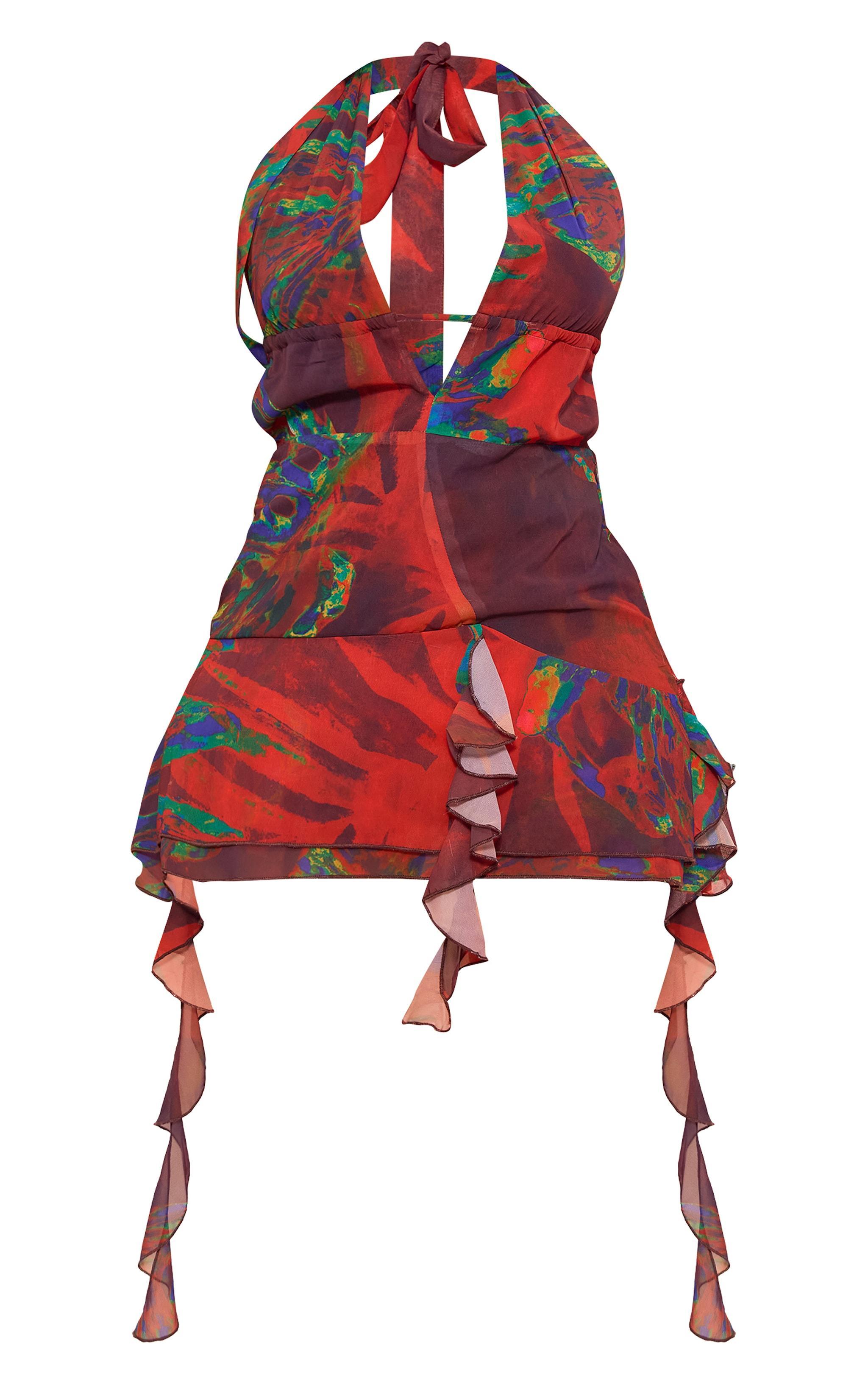 Shape Red Tropical Printed Woven Extreme Plunge Dress Product Image