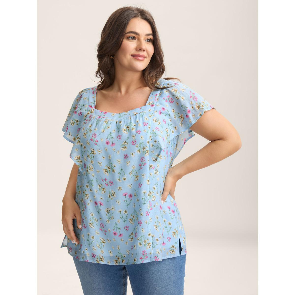 Plus Size LightBlue Floral Print Ruffled Flowy Blouse Women Cap Sleeve Square Neck Elegant Blouses BloomChic 22-24/3X Product Image