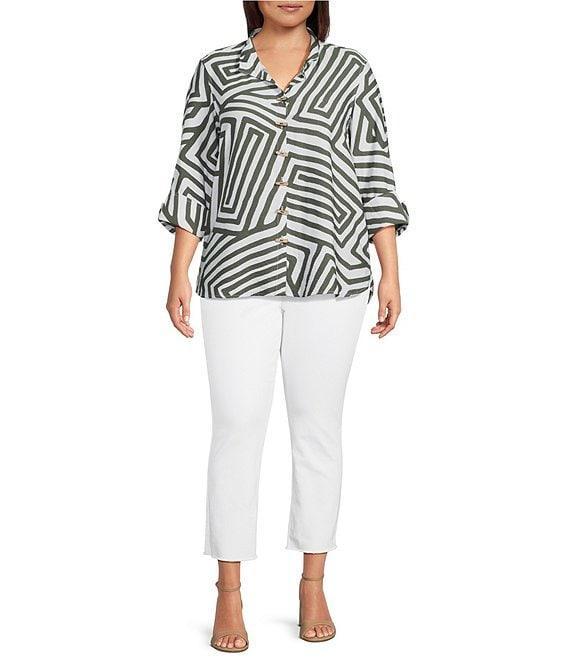 Ali Miles Plus Size Woven Printed Wire Collar 3/4 Sleeve Hi-Low Hem Button Front Tunic Product Image