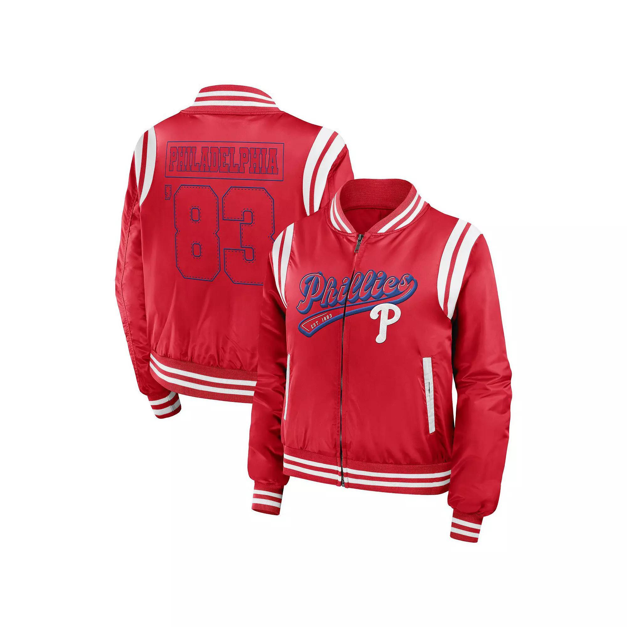 Women's WEAR by Erin Andrews Red Philadelphia Phillies Football Bomber Jacket, Size: Large Product Image
