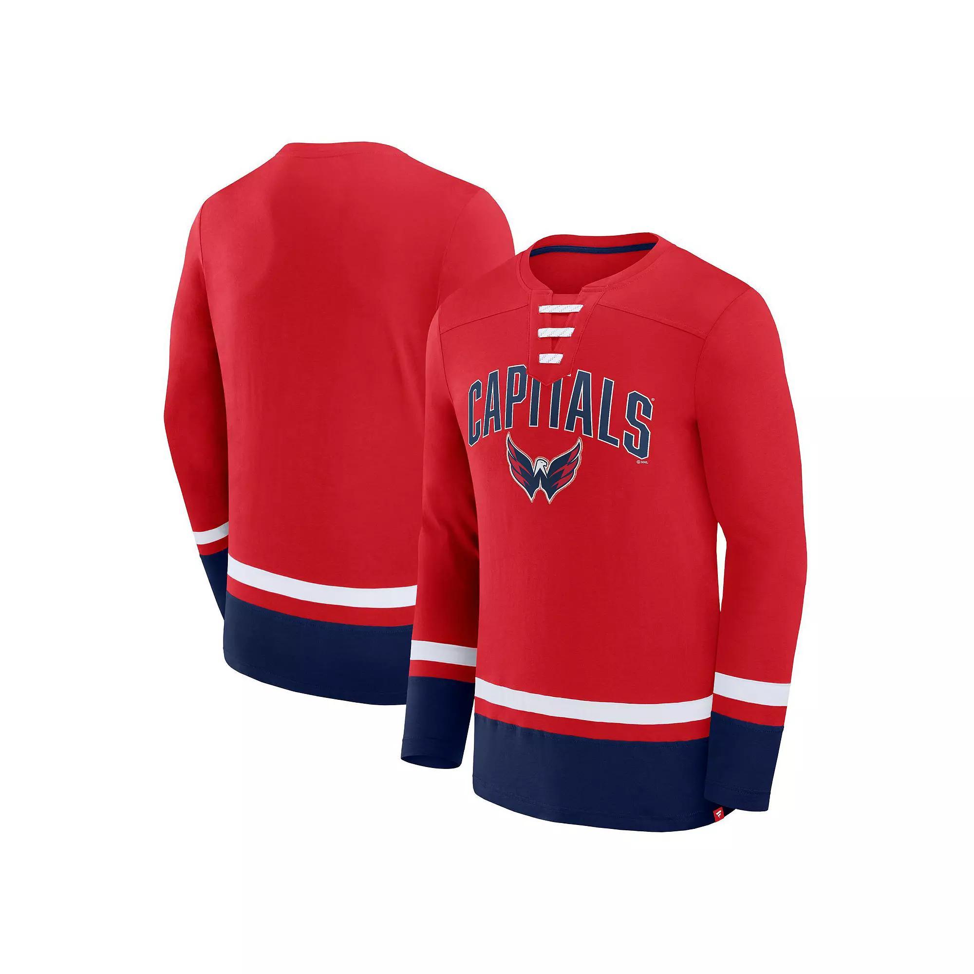 Men's Fanatics Branded Red Washington Capitals Back Pass Lace-Up Long Sleeve T-Shirt,  Product Image