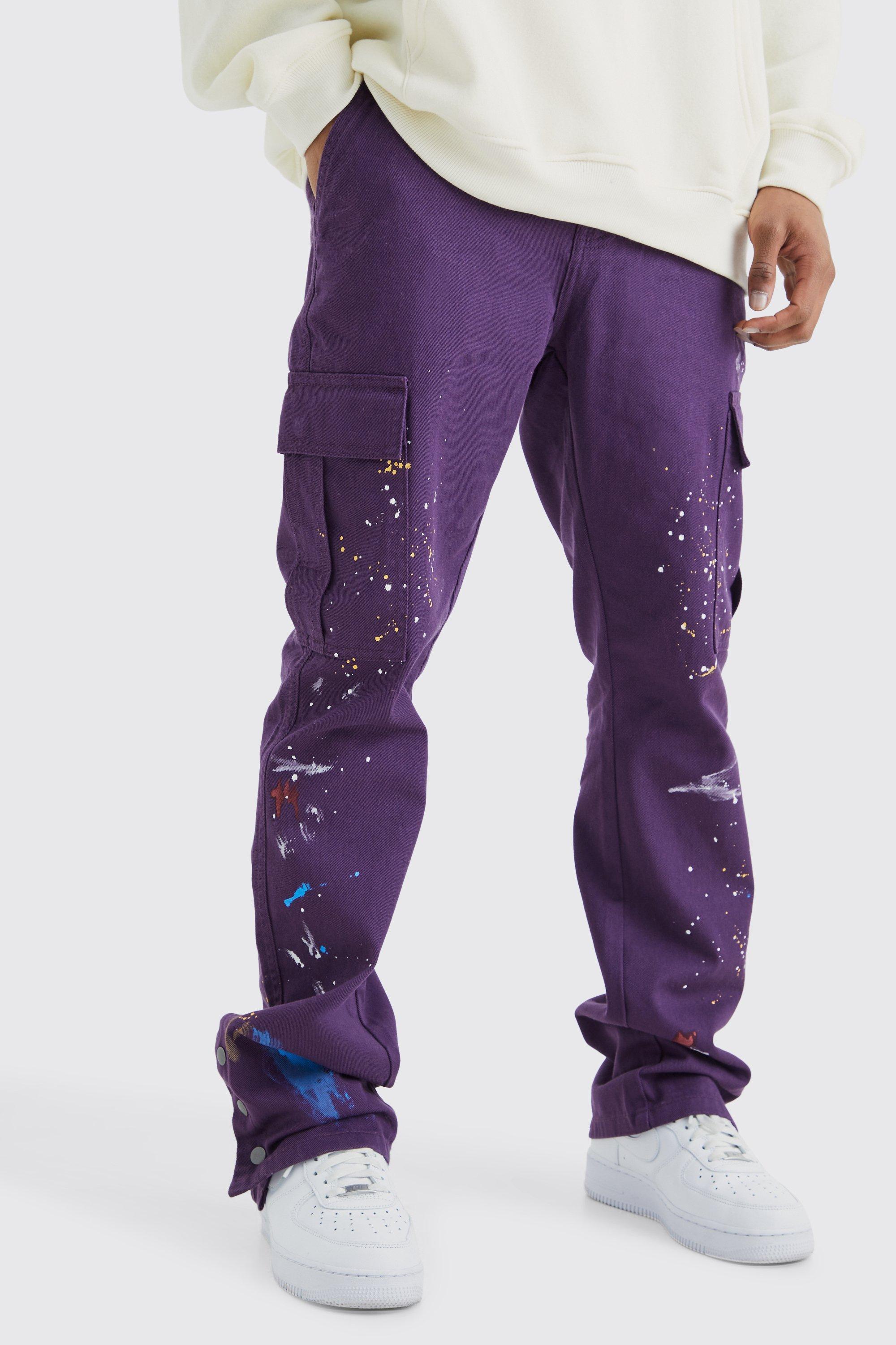 Mens Purple Slim Flare Popper Hem Paint Splatter Cargo Trouser, Purple Product Image