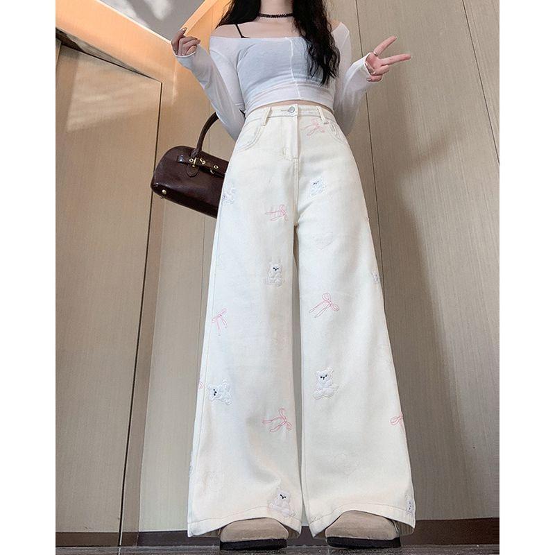 High Waist Bear & Bow Embroidered Straight-Fit Wide-Leg Pants Product Image